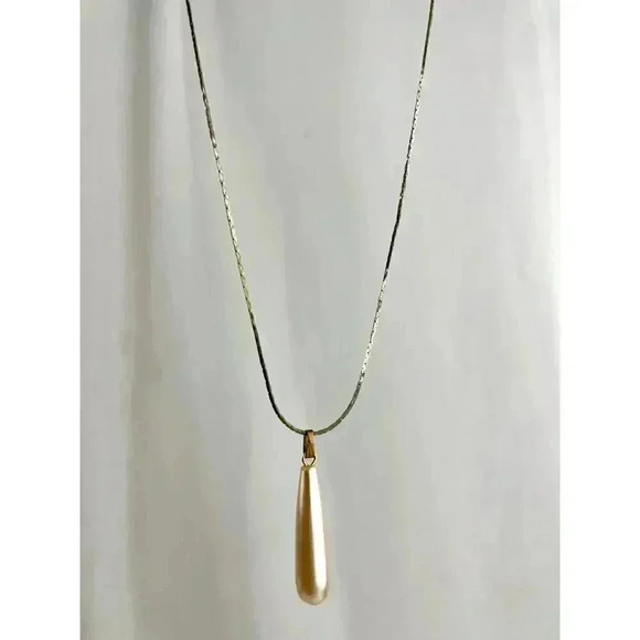 18k GT Chain 17" Necklace Faux Pearl Pink Design Teardrop Pendant - Picture 14 of 15